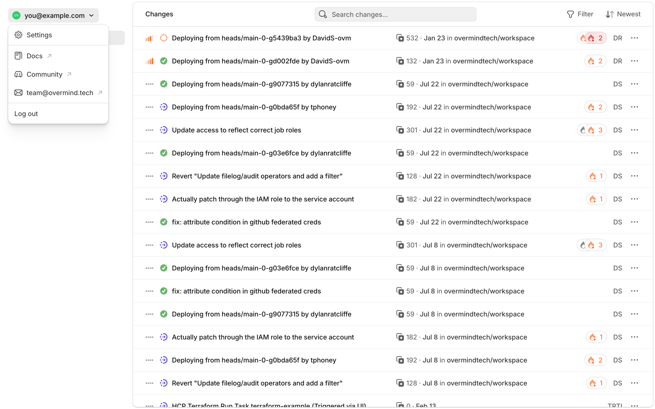 User settings menu in the sidebar