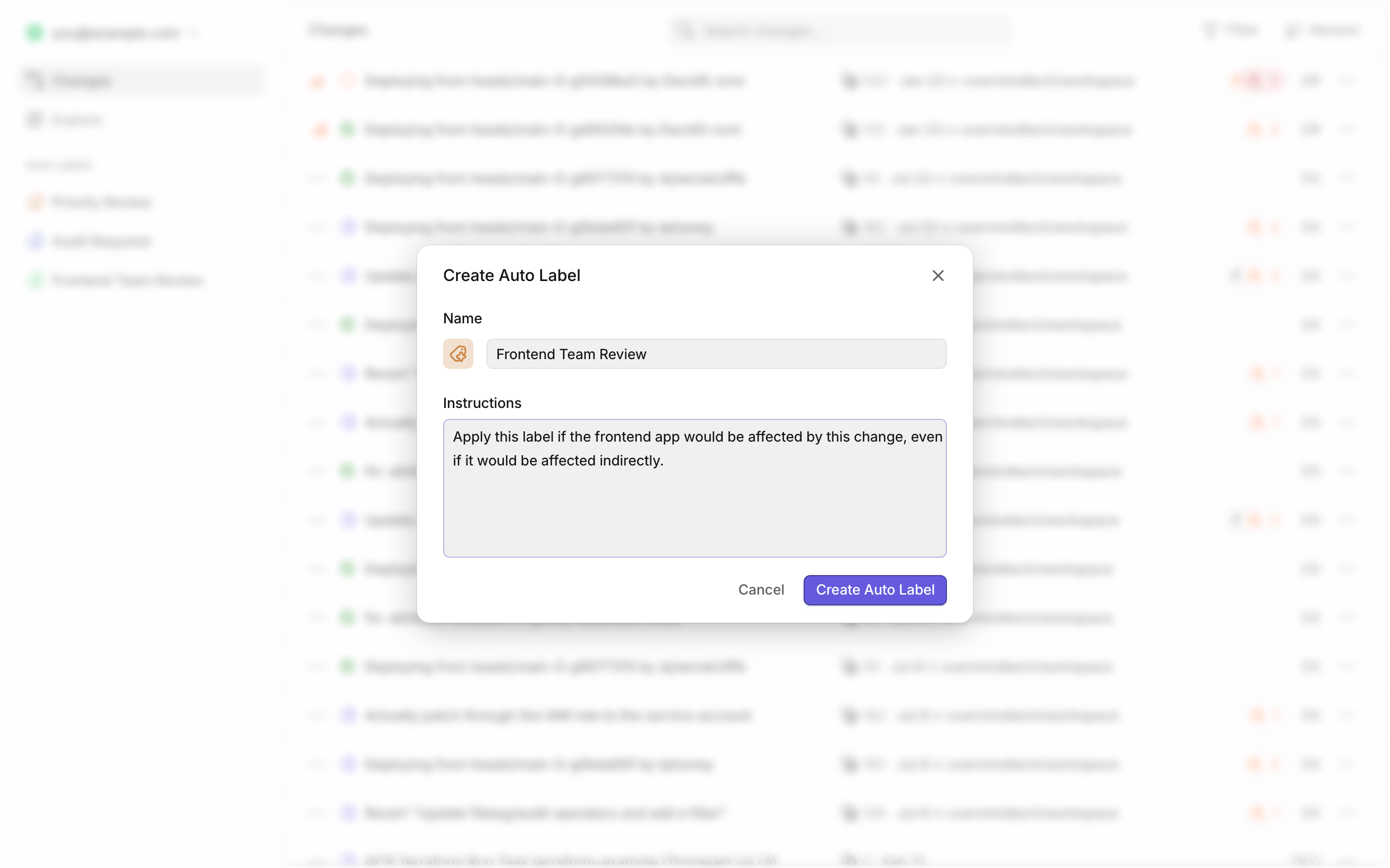 Create Auto Label dialog in the sidebar