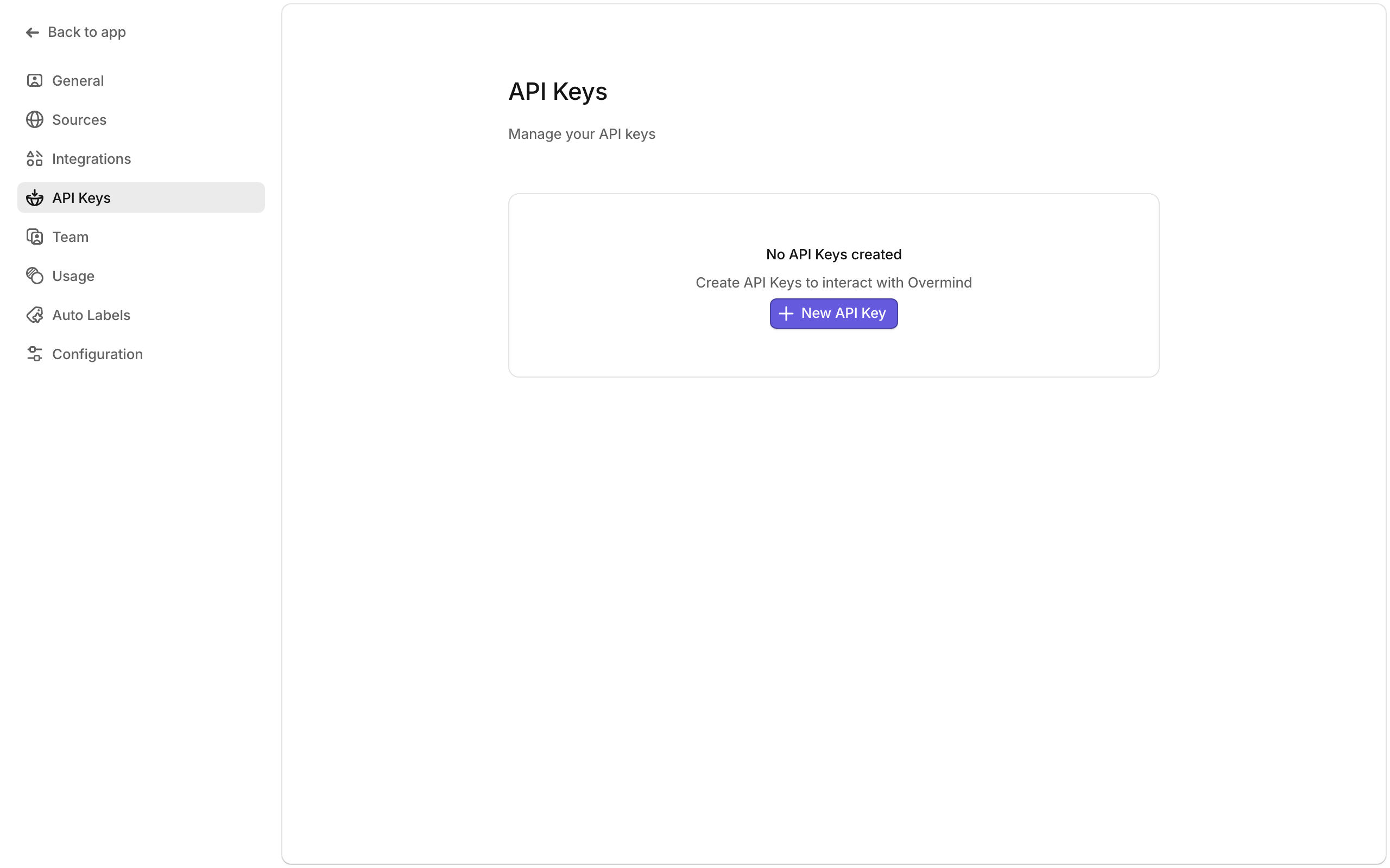 API Keys settings page