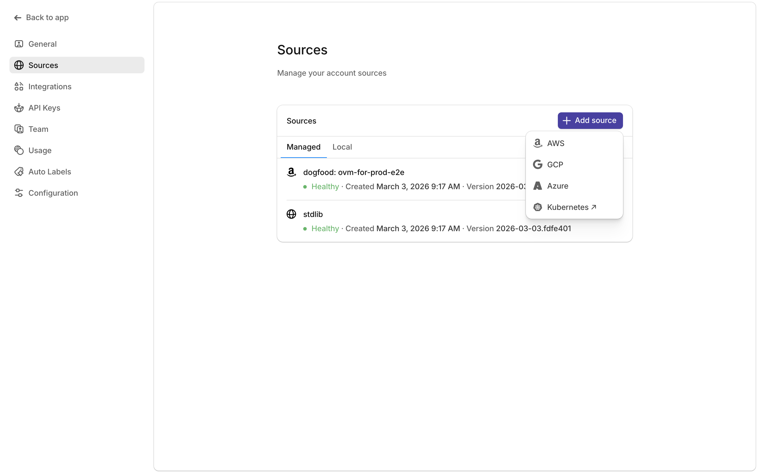 Sources settings page with Add source popover