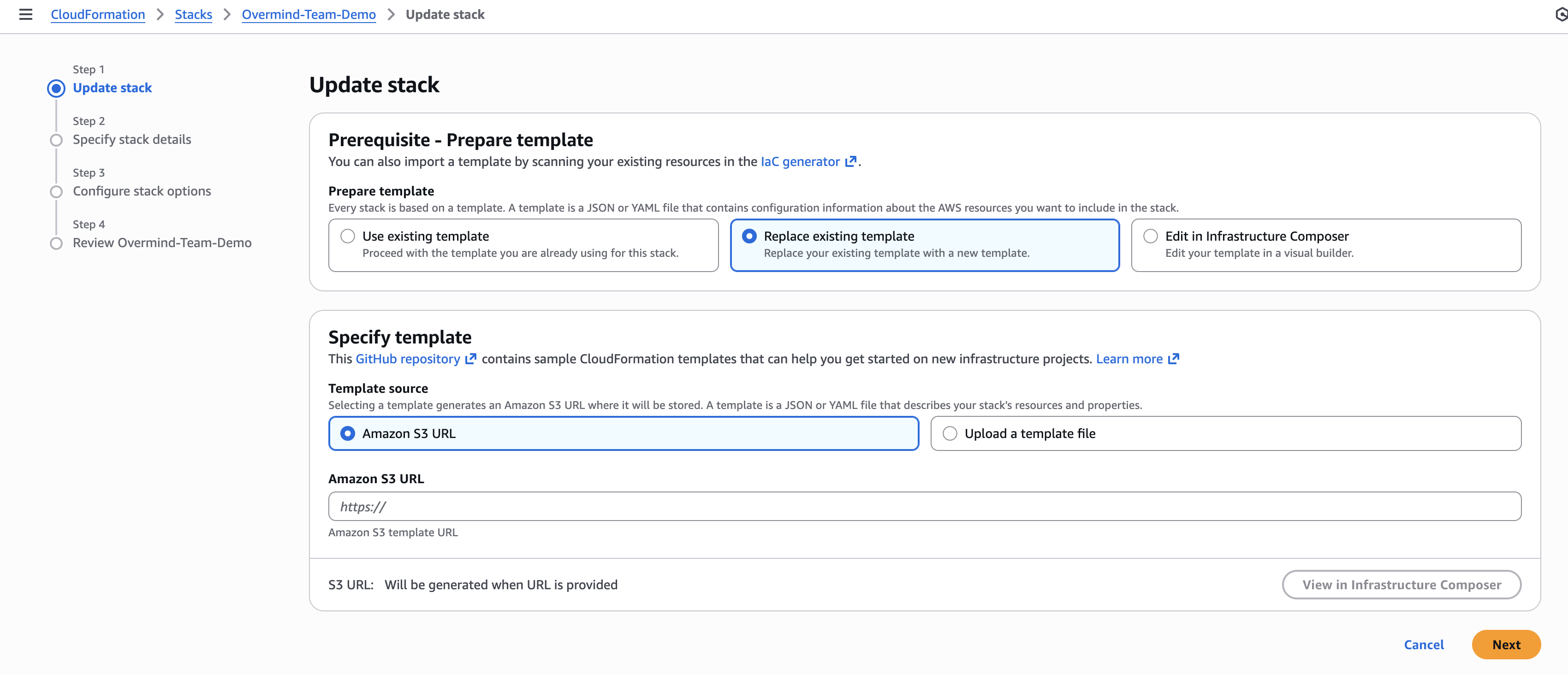 Screenshot of AWS CloudFormation Update stack wizard showing "Replace existing template" selected and the Amazon S3 URL input field