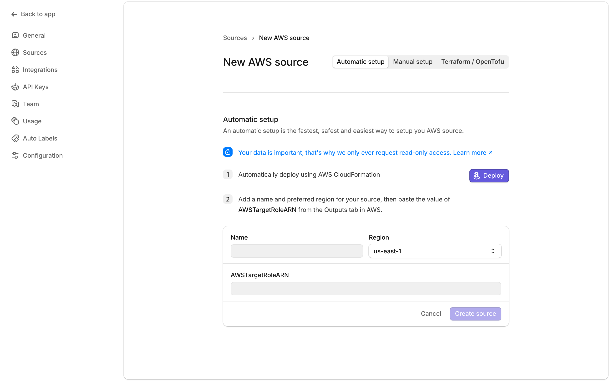 Screenshot of the "Add AWS Source" dialogue, showing tabs for automatic and manual setup. The automatic setup pane is selected. There is explanation text and input fields for Source name, Region and AWSTargetRoleARN.