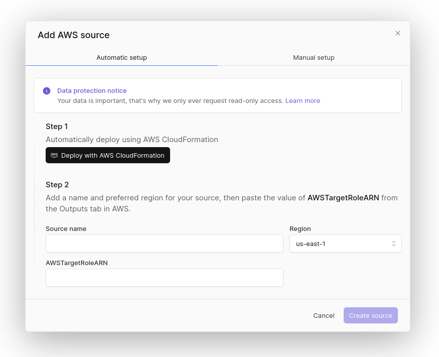 Screenshot of the &quot;Add AWS Source&quot; dialogue, showing tabs for automatic and manual setup. The automatic setup pane is selected. There is explanation text and input fields for Source name, Region and AWSTargetRoleARN.