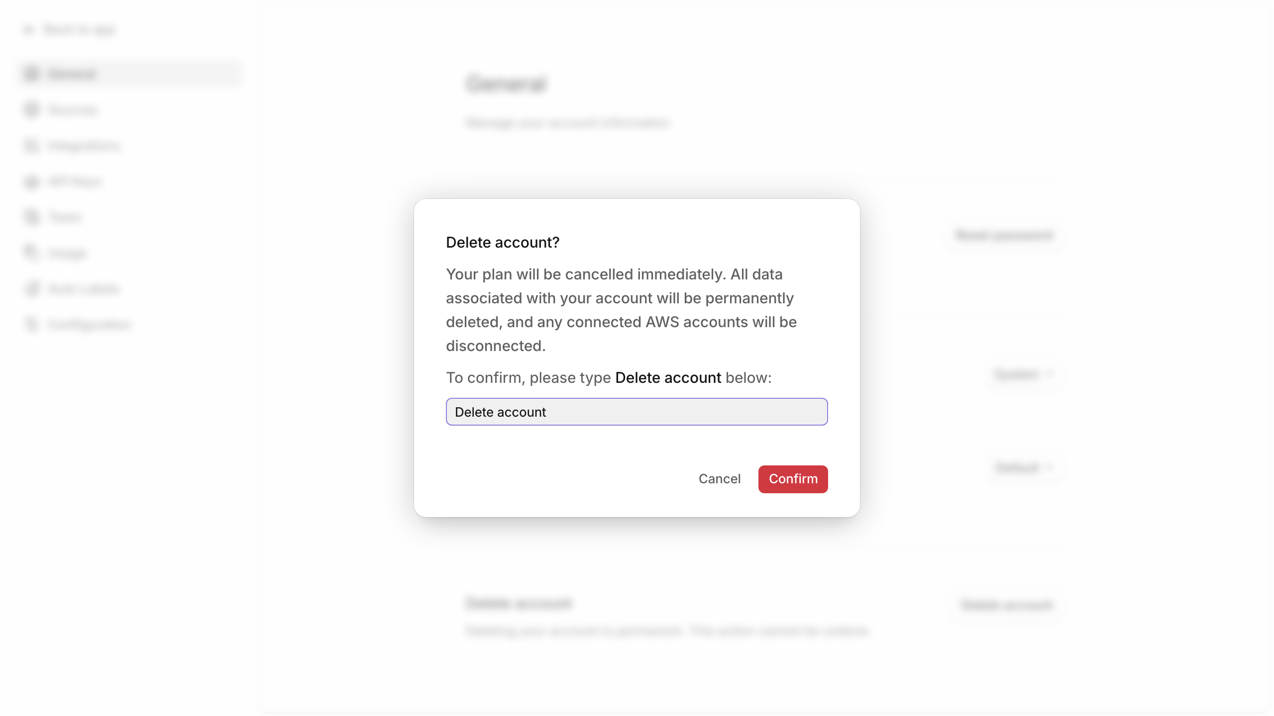 Confirmation dialog with Delete account typed