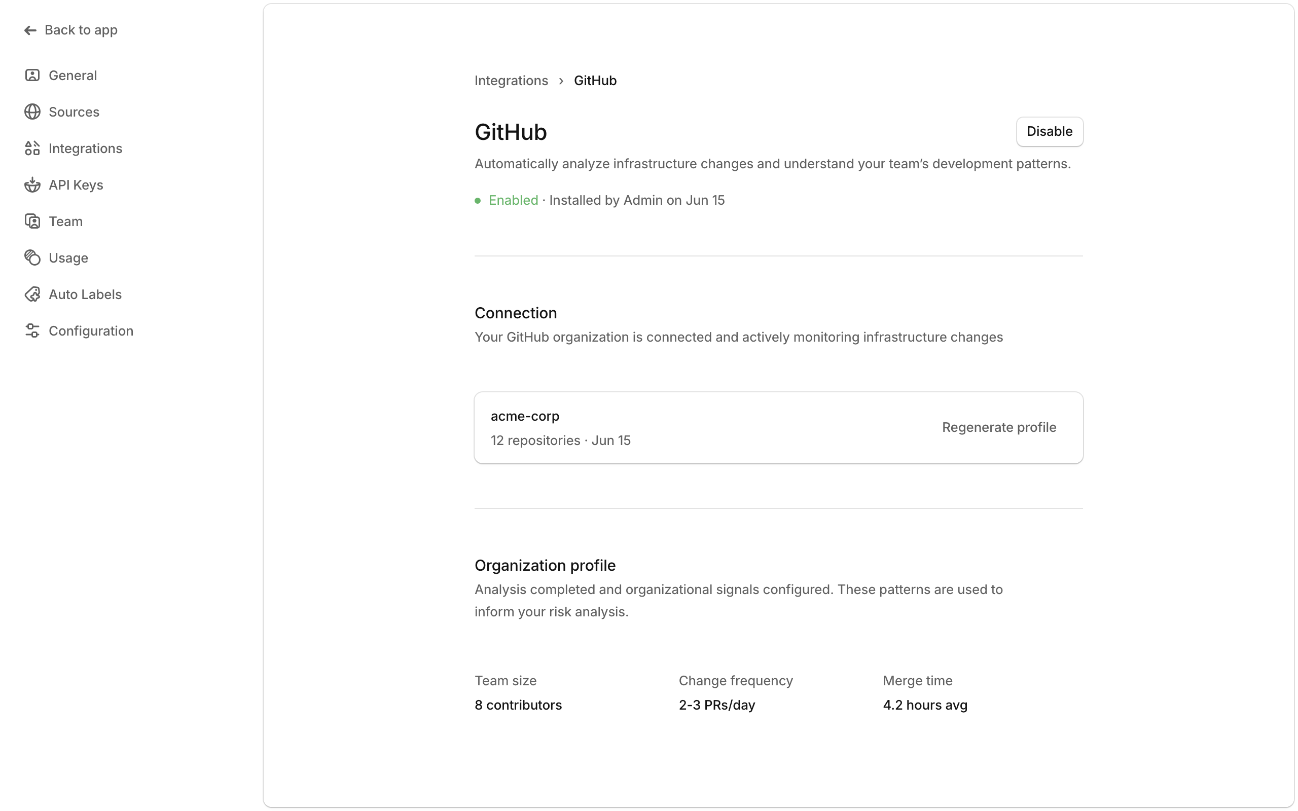 GitHub App integration status showing enabled installation