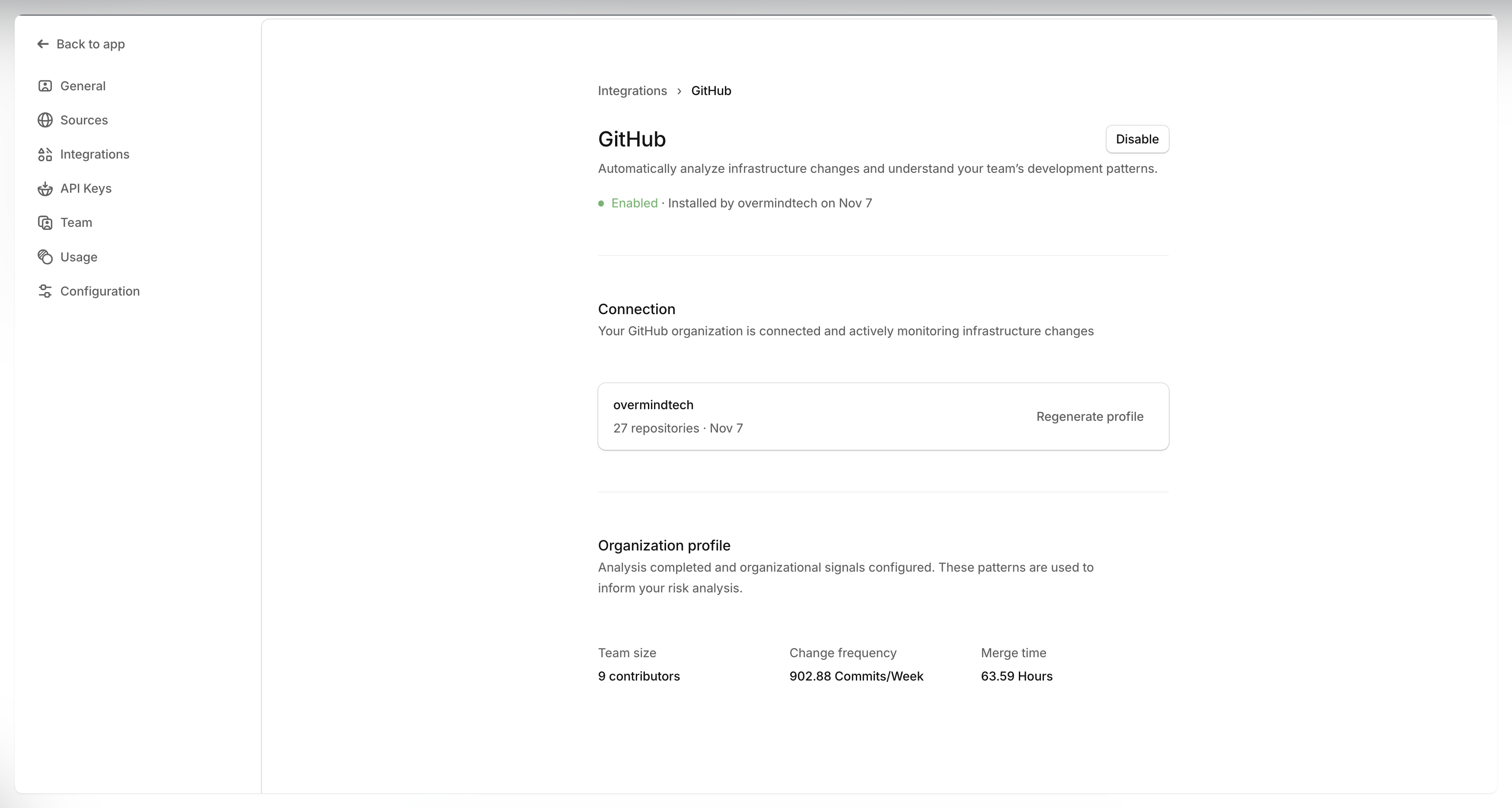 GitHub App integration status showing enabled installation