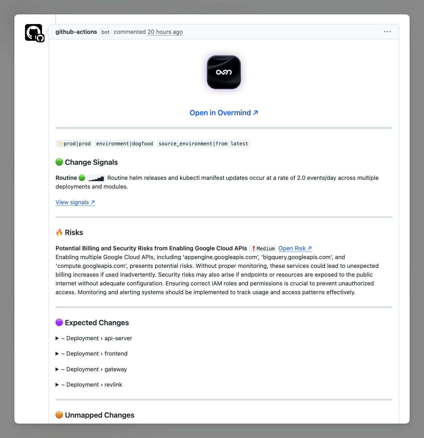 Github PR comment with routine changes