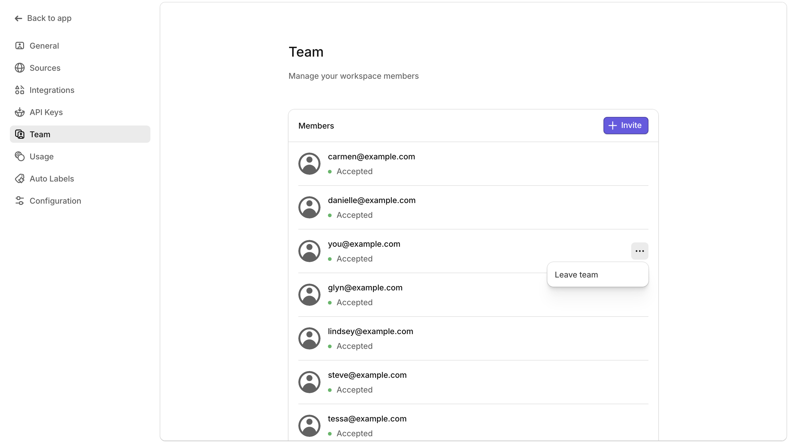 Team settings page showing the ellipsis menu with Leave team option