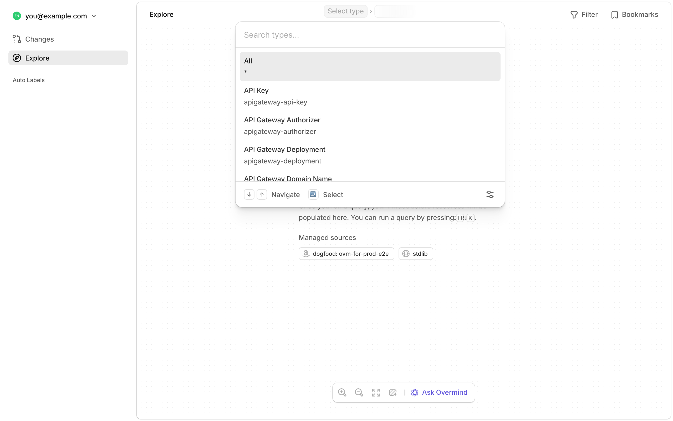 Overmind Explore search