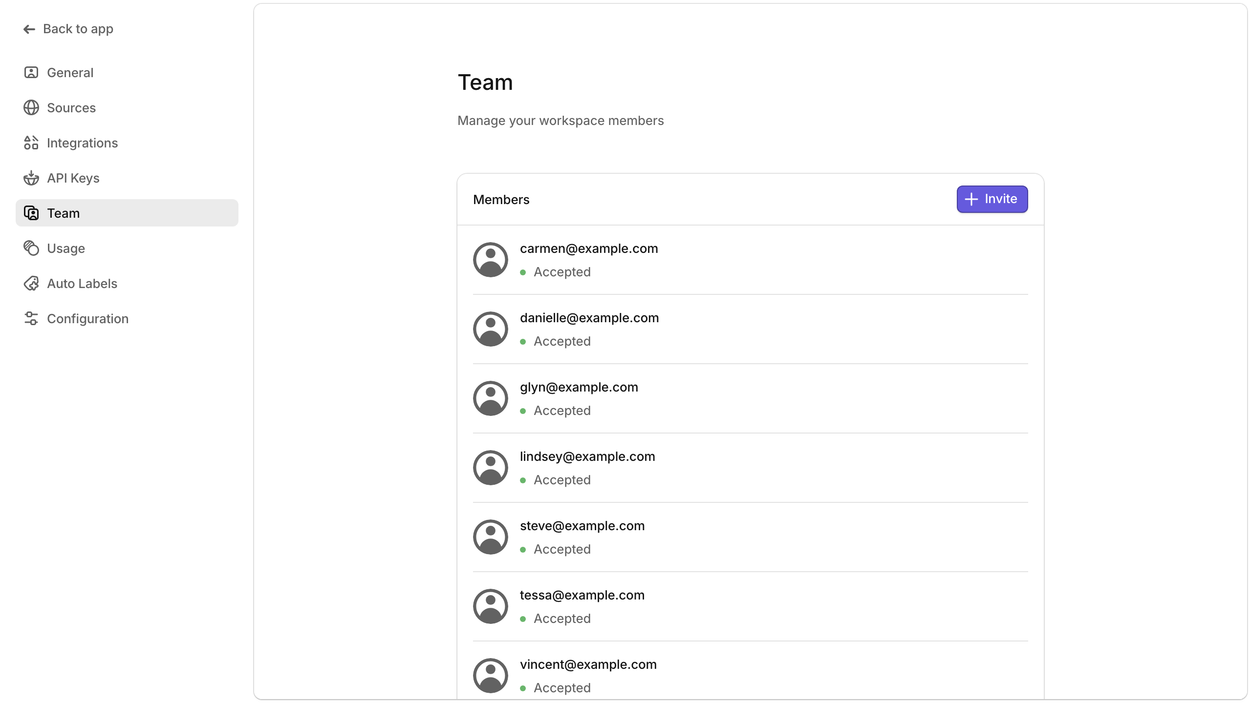 Team settings page