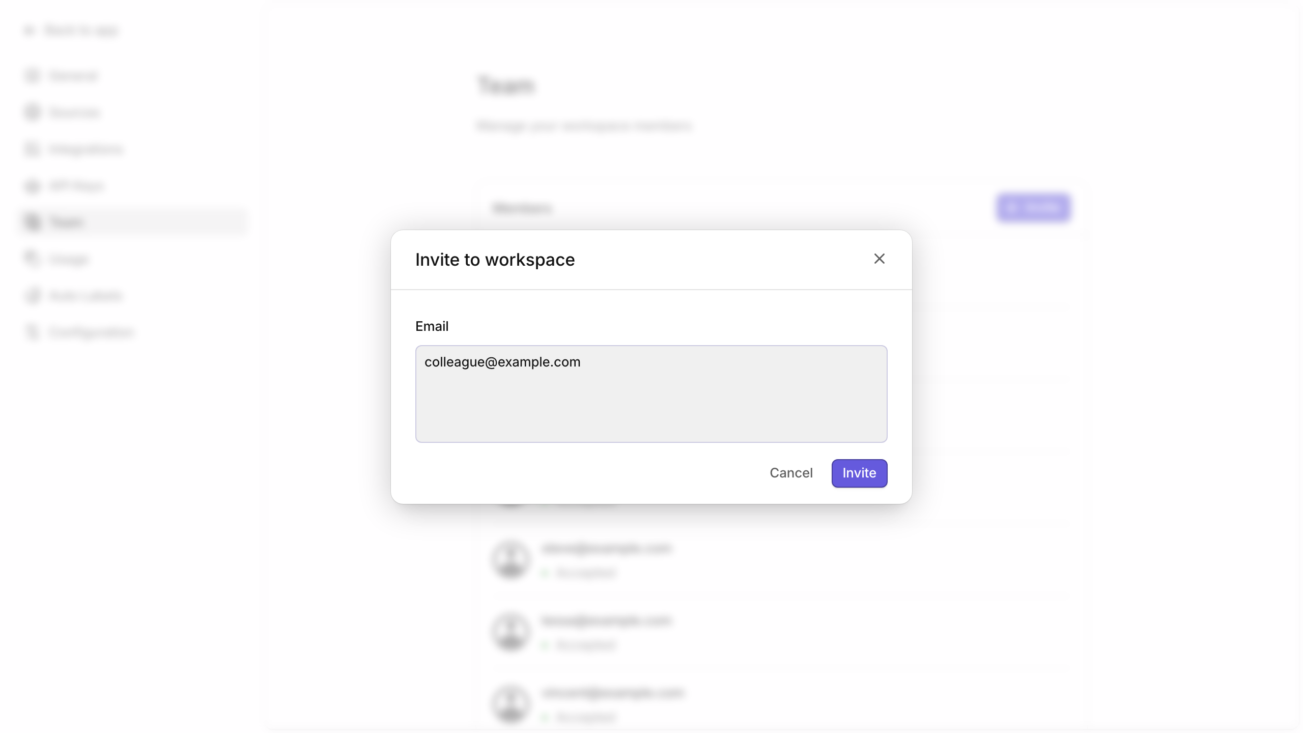 Invite dialog with email field