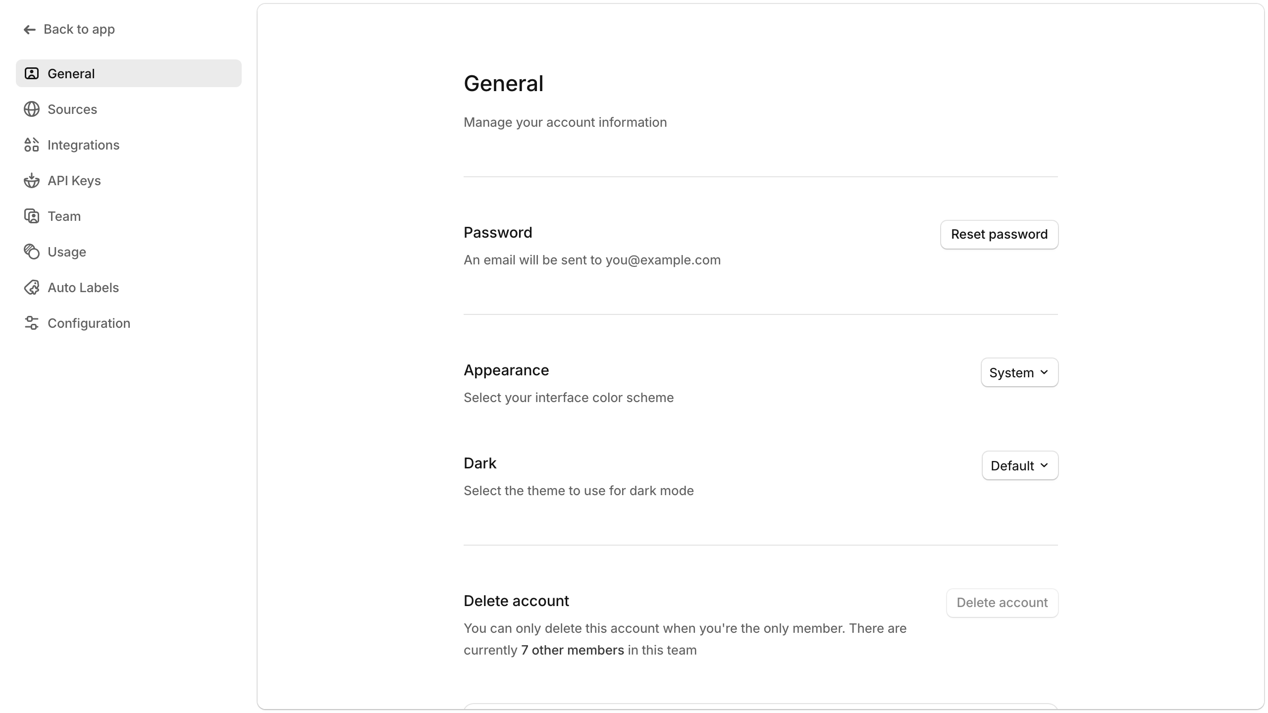 General settings showing other team members warning