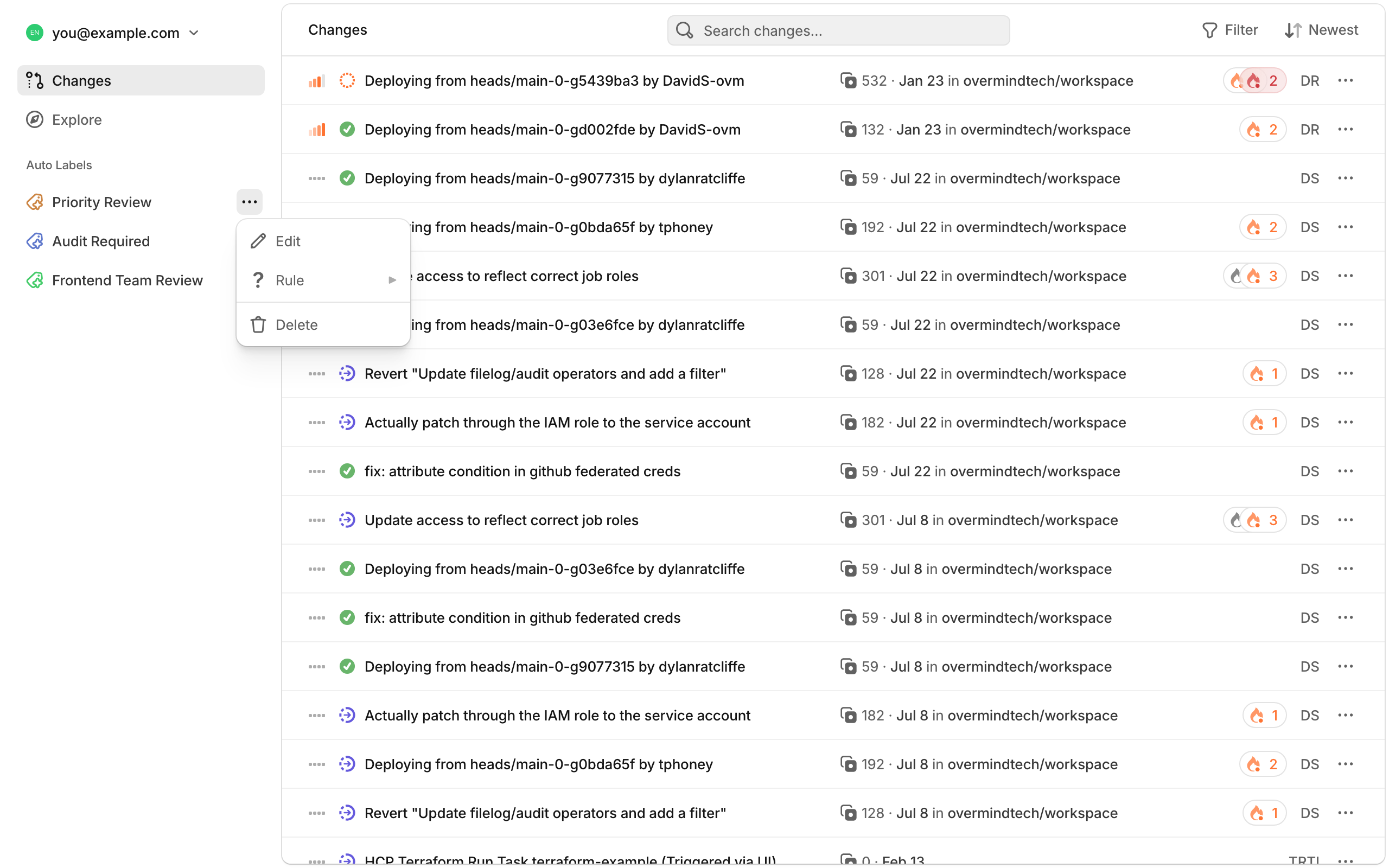 Auto Label dropdown menu with Edit, Rule, and Delete options